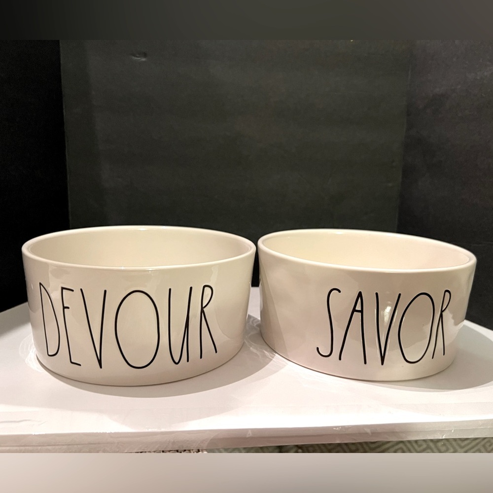 Rae Dunn Dog Feed Bowls. Savor and Devour. Ceramic. Ivory. Or Snack bowls.